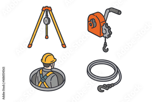Confined space rescue equipment icon set. Isometric vector graphics for safety procedures. Worker entry with tripod hoist, winch, and retrieval cable for emergency response.