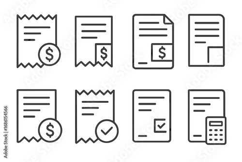 Receipt line icon set. Bill, invoice, and payment document symbols. Financial management, accounting, and bookkeeping concept. Vector outline illustration for business finance.