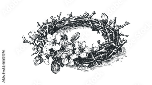 Detailed drawing of a crown of thorns with blossoms on a transparent background. Vector hand drawn illustration