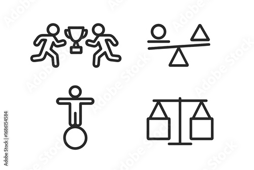 Minimalist line icon set with competition, balance, and justice symbols. Vector pictograms of race for a trophy, scales of justice, seesaw comparison, and figure on a ball.