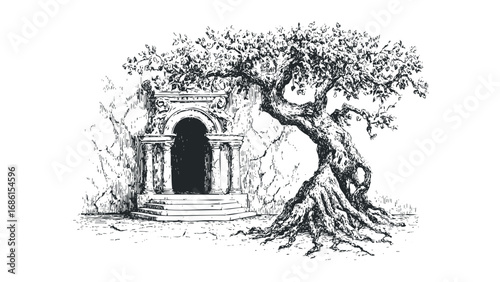 Ancient gnarled tree beside carved stone entrance with weathered steps. Vector hand drawn illustration