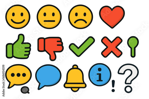Feedback emoji icon set for customer experience review. Happy, sad, neutral smileys. Thumbs up, down. Like heart, comment bubble, check mark. Vector UI UX element cartoon.