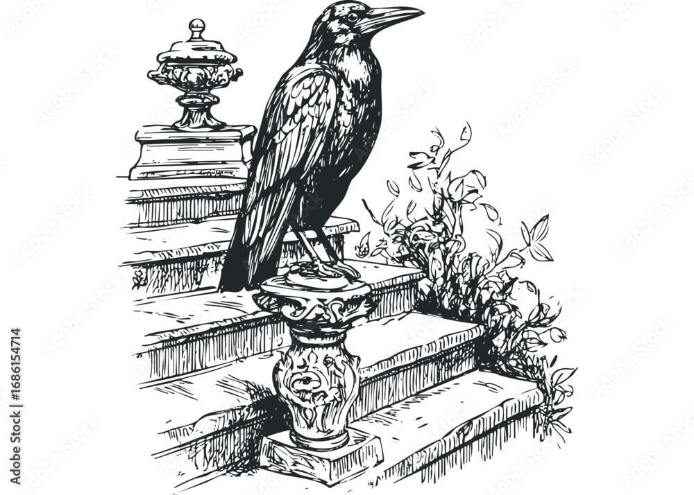 Naklejka premium Detailed ink drawing of a raven perched on ornate stone steps with foliage. Vector hand drawn illustration