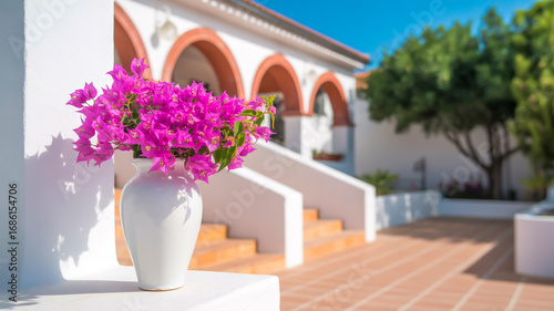 A bright outdoor scene featuring a white ceramic vase filled with vibrant magenta bougainvillea flowers in full bloom.