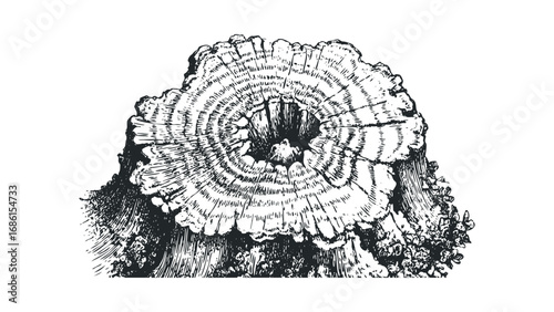 Detailed Wood Stump With Annual Rings and Mossy Growth. Vector hand drawn illustration