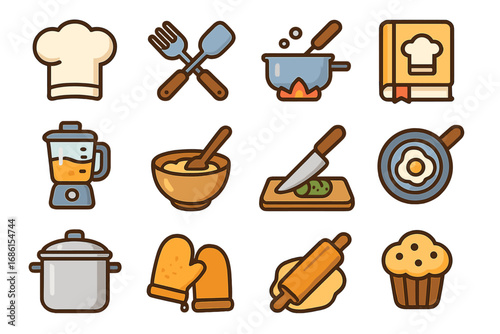 Cooking and baking icon set. Culinary food preparation and kitchenware elements. Vector cartoon illustration of kitchen tools for gastronomy, restaurant menu or recipe book.