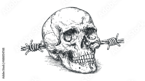 Human skull impaled on barbed wire. Vector hand drawn illustration