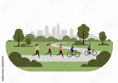 People exercising in park with city skyline background