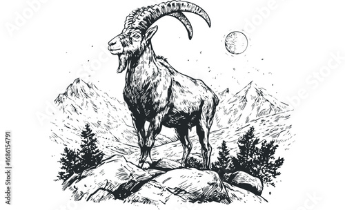 A detailed black and white sketch of an ibex with large horns standing on rocky terrain with sparse trees and mountains in the background under a crescent moon. Vector hand drawn illustration
