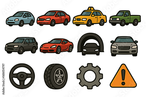 Car icon set. Collection of vehicle symbols for automotive design. Vector cartoon illustration of transportation types like taxi, truck, suv, sedan, sports car and service parts.