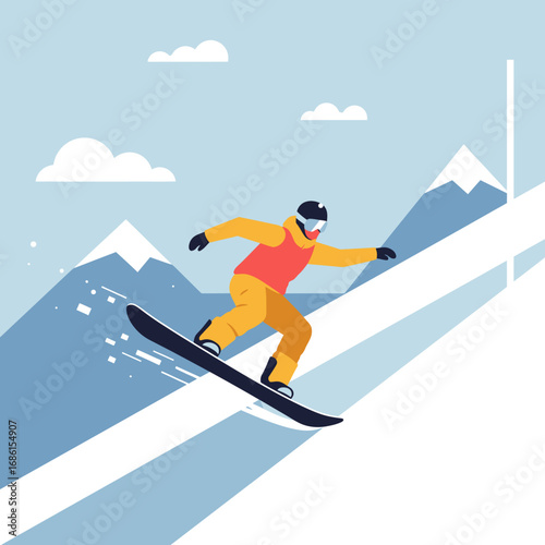A snowboarder performing a trick on a snowy mountain slope with a blue sky backdrop.