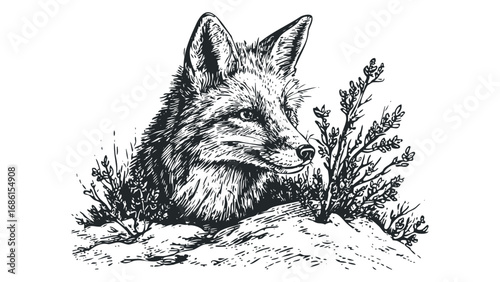 Detailed sketch of a fox peering through foliage on a white background. Vector hand drawn illustration