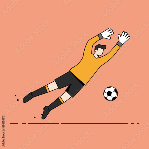 A goalkeeper diving to save a soccer ball against a plain background.