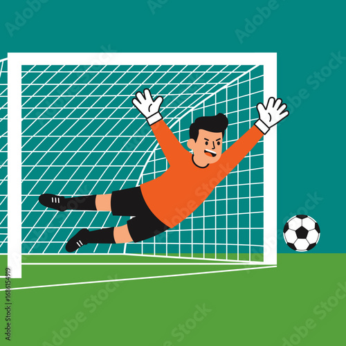 A goalkeeper diving to save a soccer ball in a vibrant graphic illustration.