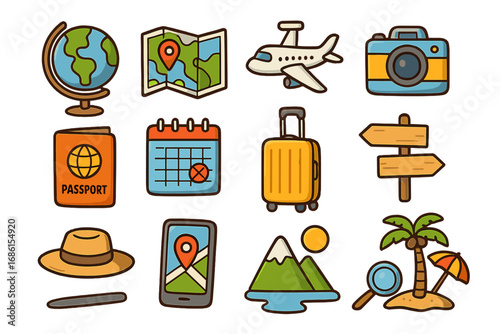 Travel and vacation icon set for tourism and journey planning. Cute cartoon vector illustration collection of summer holiday adventure symbols. Includes passport, airplane, map, globe.