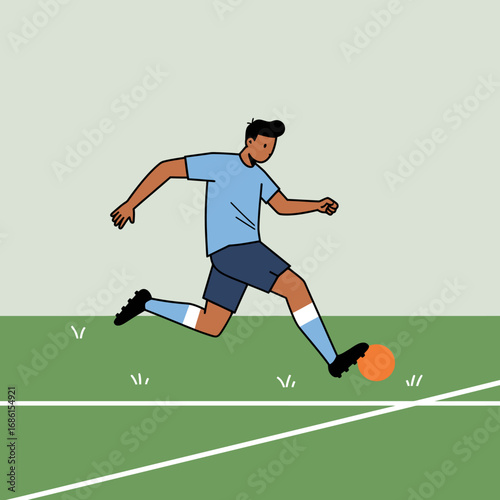 A soccer player in motion, dribbling an orange ball on the field.