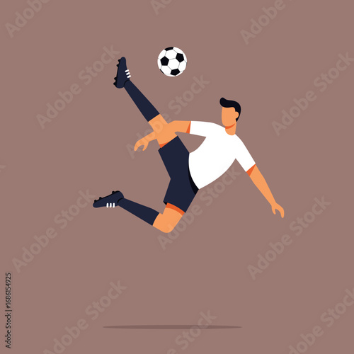 A soccer player executing a dynamic kick with a ball in mid-air.