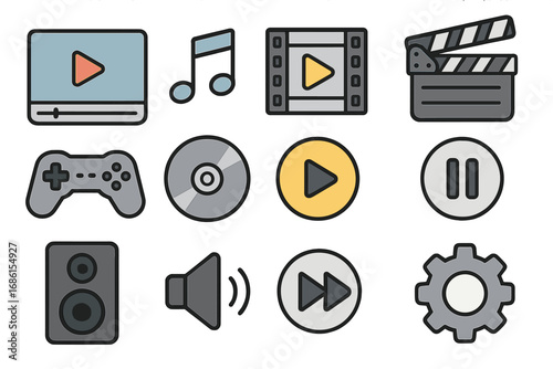 Multimedia icon set with video, audio, gaming symbols. Vector collection of playback control buttons for web, mobile app UI. Movie clapper, music note, cd, speaker, settings.