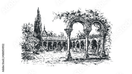 Architectural courtyard with arches, columns, and foliage detail. Vector hand drawn illustration