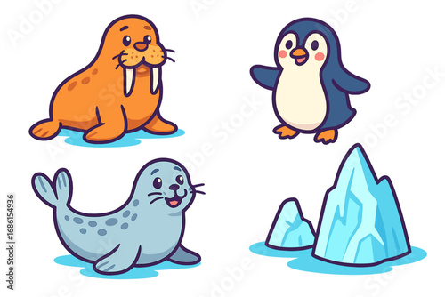 Set of cute cartoon arctic animals. Vector illustration of a walrus, seal, penguin, and iceberg. Adorable North Pole wildlife characters for children. Isolated clip art pack.