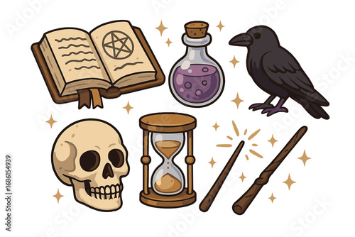 Witchcraft magic collection. Vector cartoon set with spellbook, potion, skull, hourglass, raven, magic wand. Mystical esoteric symbols for wizardry, alchemy, and sorcery.