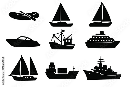 Collection of boat and ship silhouettes. Water transport icon set. Vector graphic of sailboat, yacht, speedboat, fishing trawler, cruise liner, cargo ship, canoe and warship.