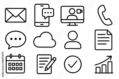 Business communication outline icons set. Thin line vector symbols. Contact, email, video conference, chat, cloud data, calendar schedule, analytics growth chart. UI UX kit.