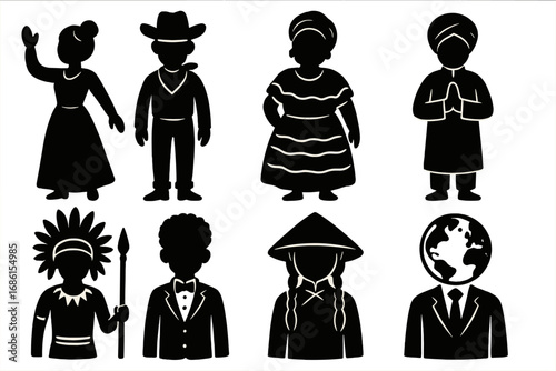 Cultural diversity silhouette icon set. People in traditional ethnic costumes from around the world. Global community, multiculturalism, and international society vector concept.
