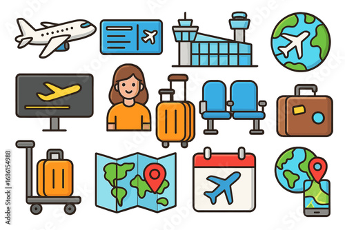 Travel and airport icon set for tourism and vacation. Flight booking, flying concepts. Vector icons collection with airplane, luggage, ticket, map, and terminal symbols.