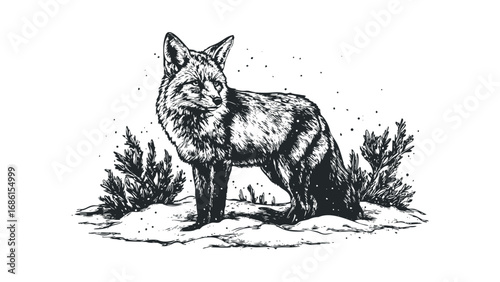 Pencil sketch of a fox standing in snowy terrain with sparse vegetation. Vector hand drawn illustration
