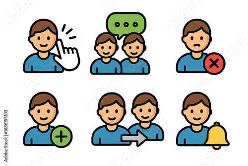 User interface icon set for social media and apps. Includes icons for add friend, delete user, chat, notification, and user selection. Vector cartoon avatar collection for UI/UX design.