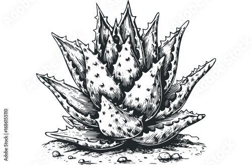 Sketch of a spiky succulent plant with detailed shading on a white background. Vector hand drawn illustration
