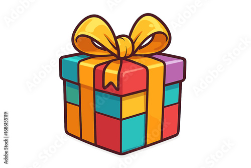 Colorful gift box with a yellow ribbon bow. Vector cartoon illustration of a present for birthday, anniversary, or holiday celebration. Isolated icon for surprise or special occasion.