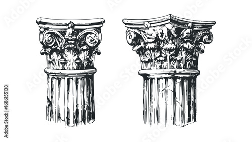 Architectural Capital Columns With Acanthus Leaves and Scrolls. Vector hand drawn illustration