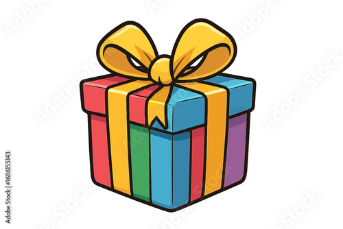 Colorful gift box vector icon. Cartoon present with yellow ribbon bow for celebration. Birthday, Christmas, or anniversary surprise package. Holiday graphic element isolated.