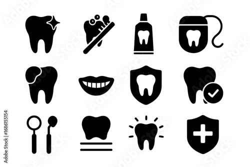 Dental care solid icon set. Dentistry and oral hygiene glyphs. Tooth care, brushing, toothpaste, floss, checkup, protection, and dentist tool vector symbols collection.