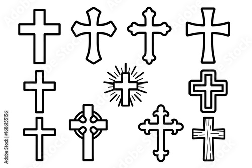 Set of Christian crosses. Religious symbol collection. Vector line art icons for faith and spirituality. Celtic, gothic, orthodox designs. Church logo, tattoo, Easter.