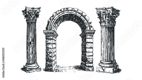 Ancient stone archway with ornate column supports in sketch style. Vector hand drawn illustration