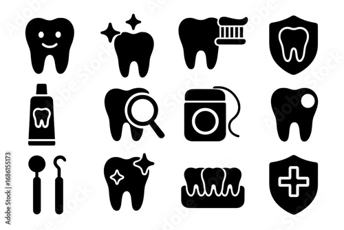 Dental health solid icon set. Tooth care, oral hygiene, dentistry glyphs. Dentist tools, brushing, floss, implant, cavity treatment and protection symbols. Vector illustration.