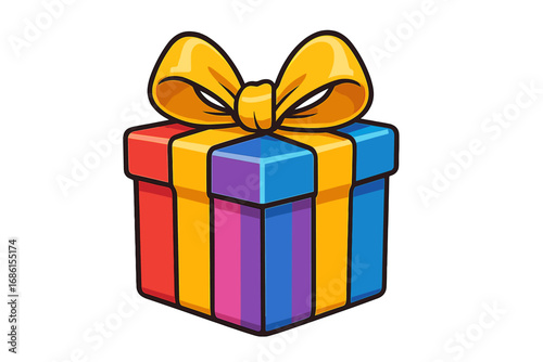 Colorful gift box with yellow ribbon bow. Vector cartoon illustration of a present for birthday, christmas or holiday celebration. Surprise package icon isolated on white.