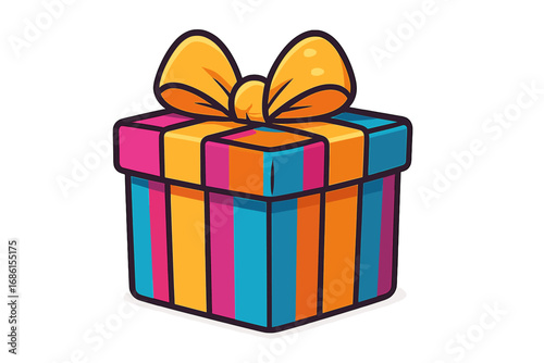 Colorful striped gift box with a big yellow ribbon bow. Vector cartoon illustration of a present for a birthday, Christmas, or anniversary celebration. Surprise package icon for a holiday.
