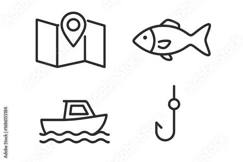Fishing and navigation icon set. Outdoor hobby and travel symbols collection. Includes fish, boat, map with pin, and hook icons. Simple line art vector for web and apps.