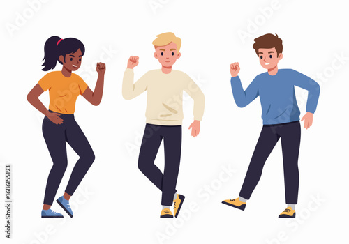 Three friends celebrating with raised fists