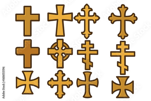 Christian cross vector icon set. Collection of various religious symbols. Latin, Orthodox, Celtic, Catholic crucifix signs. Faith and spiritual design elements for logo.