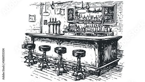 Vintage Bar Interior with Taps and Bottles. Vector hand drawn illustration