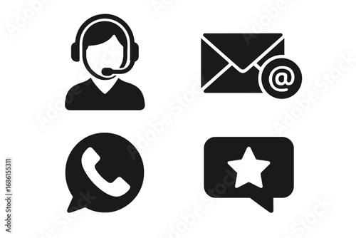 Communication glyph icon set. Customer support operator with headset, email, phone call and star review. Contact us symbols for web. Helpline feedback vector pictogram.