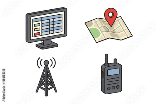 Dispatch center icon set. Isometric vector graphics for logistics and transport operations. Includes computer screen, GPS map locator, radio tower, and walkie talkie.