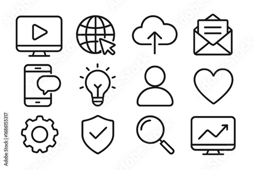 Modern outline icon set for digital marketing and business. Web, social media, communication, security, and analytics symbols. Vector icons for UI, UX, and website design.
