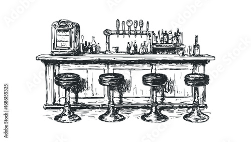 Hand drawn vintage bar interior with stools and beverages. Vector hand drawn illustration