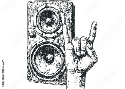 Hand making rock gesture next to a vintage audio speaker with wood grain texture. Vector hand drawn illustration